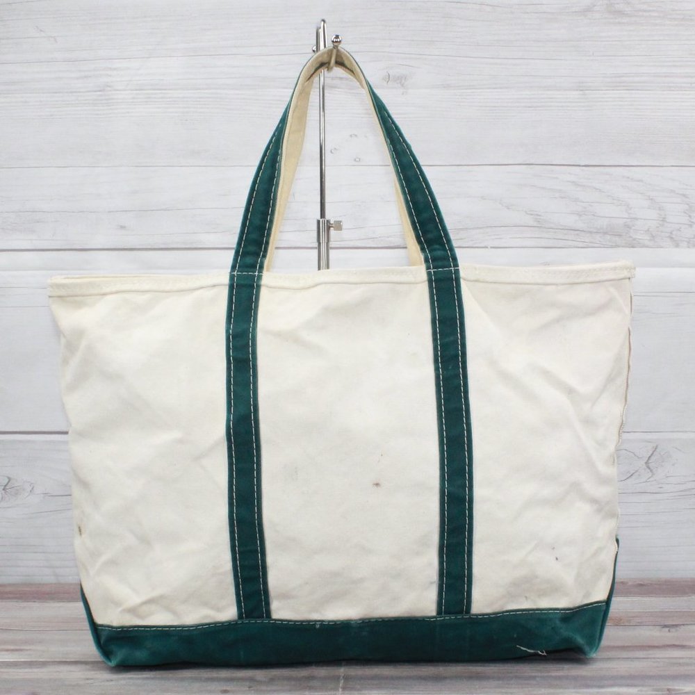 LL Bean Boat &Tote Ivory Canvas Green Trim Zip Top Shoulder Tote Bag